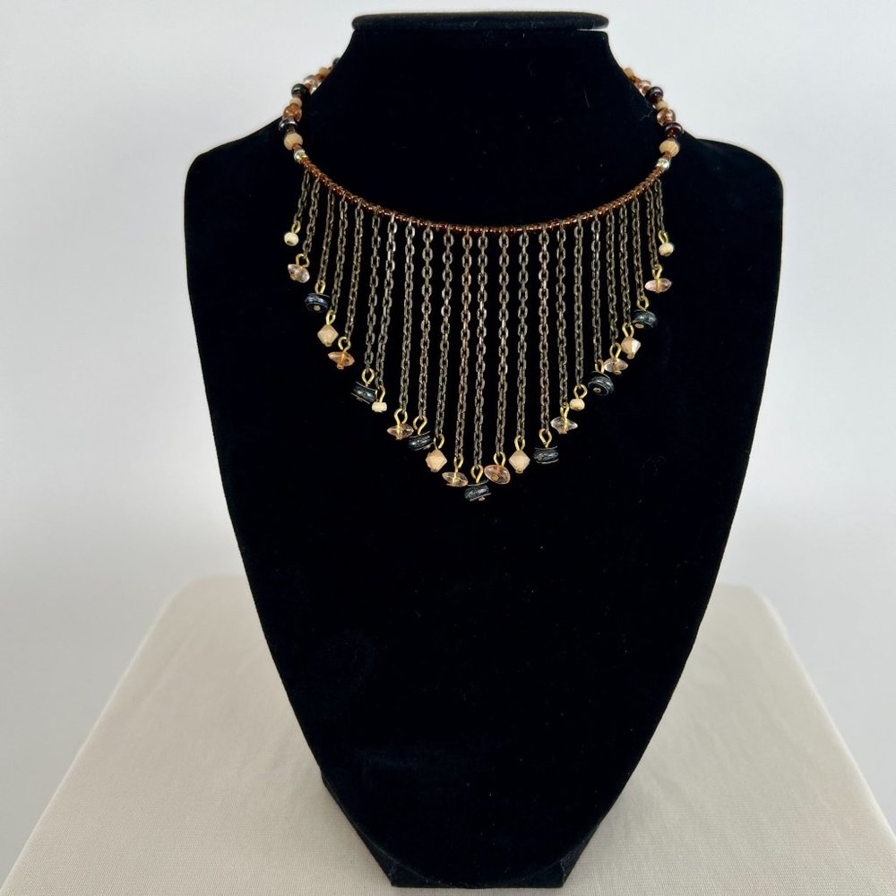 Vintage Y2K Brown Beaded Tassel Choker Necklace - Bohemian Fairy Grunge Jewelry - Picture 2 of 4